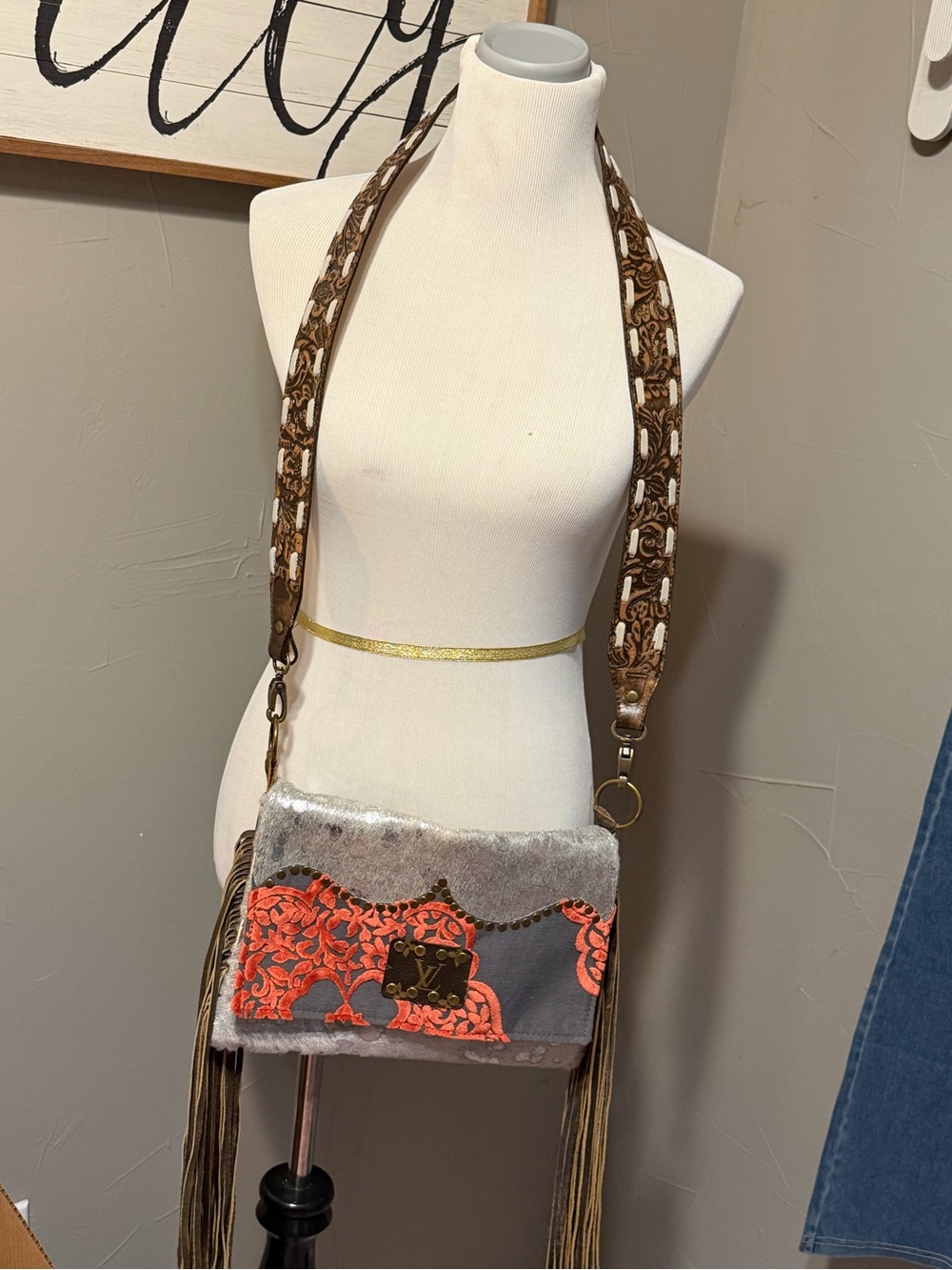 Womens Keep It Gypsy Brown Gray and Coral Decorative Crossbody Bag